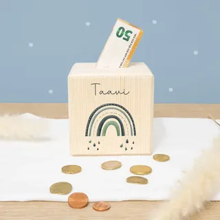 Spardose Personalisiert mit Namen aus Holz - 10x10cm Holzspardose - Geschenk zur Geburt, Geburtstag, Einschulung, Taufe - Sparschwein Aquarell Motiv für Jungen & Mädchen hellomini (Regenbogen blau)