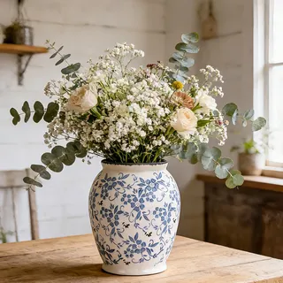 orenm Vase Keramik Blau Weiß – Deko Vase Vintage, Porzellan Große Vase für Wohnzimmer Tischdeko,Esstisch & Fensterbank 23.5cm Höhe