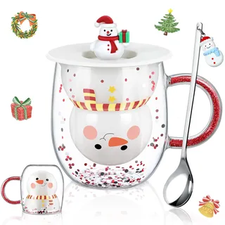 ecooe Schneemann Weihnachtstasse Doppelwandige Kaffeegläser 240ml Weihnachtsgeschenke Geschenke für Frauen Männer Kinder Weihnachtstassen Glas mit Deckel Löffel für heißen Kakao Latte Milch Macchiato