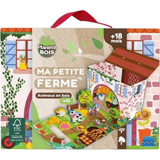 PLANÈTE Bois - Bauernhof-Spielhaus - FSC - 030247 - 12 Teile - Mehrfarbig - Holz - Kinderspiel - Landwirtschaftlich - Ländlich - Tiere - Transportabel - Universum - 24 cm x 18 cm - Ab 18 Monaten