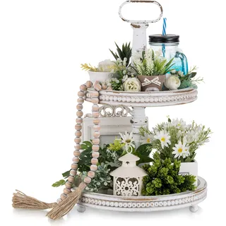 Hanobe Holztablett Deko Tablett Etagere: Weiß Gewaschen Rund Holz Dekotablett 2 Etagere Bauernhaus mit Perlen Rand Vintage Shabby Serviertablett für Home Wohnzimmer Küche Tisch