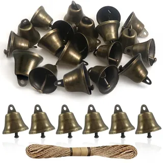 TOAOB 20 Stück Bronze Glöckchen zum Basteln Vintage Glocken 22 mm Metallglöckchen Mit 1 Rollen Hanfseil für Windspiele Machen Handwerk Urlaubsdekoration Weihnachtsglocken Haustierglocken