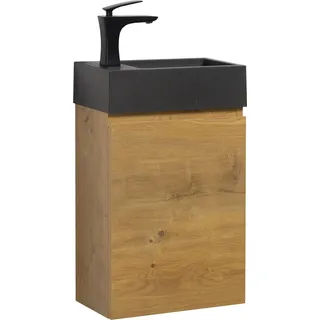Badplaats Gäste-WC Waschtisch Set Angela 40 x 22 cm Eiche - Platzsparend Badmöbel Set mit Schwarze Waschbecken und Unterschrank, Soft-Close - Braun