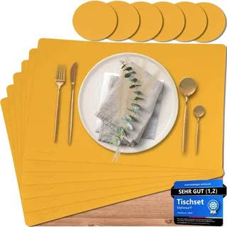 Mahewa® 6er Set Premium Tischset aus Kunstleder - Platzset abwaschbar und wasserdicht - Platzdeckchen Telleruntersetzer in Lederoptik (Senfgelb, Eckig)