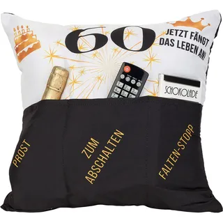 KAMACA Originelles Dekokissen Kissen mit 3 Taschen zum selber Befüllen Größe 43x43 cm tolles Geschenk zum runden Geburtstag (60. Geburtstag)