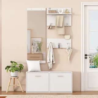 Sweiko 90x30x41.5cm Garderoben-Set 4-teilig mit Spiegel,2 Hutablage und Schuhschrank.Flur Garderobenständer Kleiderständer Set,Flurgarderoben Set,Kompaktgarderobe mit 6 Kleiderhaken,Weiß