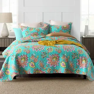 VISIMISI Cotton Bedspread Quilt Sets Reversible Coverlet Sets Comforters Vintage Bohemian Patchwork Bedspread (Green Vintage Floral, King Size) Decke für Doppelbett