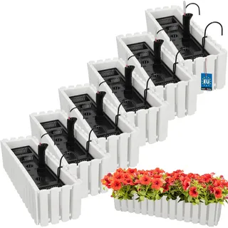 KOTARBAU® Blumenkasten Balkon 58x18x16cm, Balkonkasten mit Wasserspeicher | Blumenkasten für Balkongeländer, Balkonkasten mit Halterung, Pflanzkübel rechteckig, Selbstbewässernd, PVC, Weiß, 6er Set
