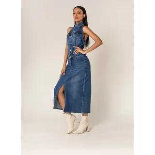 Elegantes Neckholder Jeans Kleid Midi Denim Dress Ärmellos | S - Blau