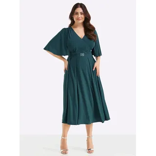 Abendkleid SHEEGO "Abendkleid", Damen, Gr. 56, Normalgrößen, grün (petrol), Crêpe, 95% Polyester, 5% Elasthan, unifarben, wadenlang, V-Ausschnitt, Kleider Abendkleid