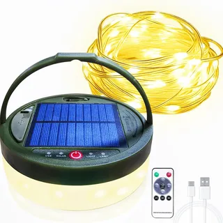 Solar Camping Lichterkette Aufrollbar 12M, 3600mAh Aufrollbar Campinglampe Solar mit Fernsteuerung und USB Wiederaufladbar, Tragbare Wasserdicht LED Lichterkette camping für Camping Wandern Garten
