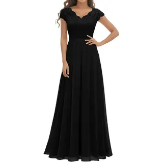 Abendkleid Lang Damen Elegant für Hochzeit v Ausschnitt Kurzarm A Linie Chiffon Festlich Maxi Kleid Ballkleider Mit Spitzen Ärmeln Brautjungfernkleider Cocktailkleid Spitzenkleid