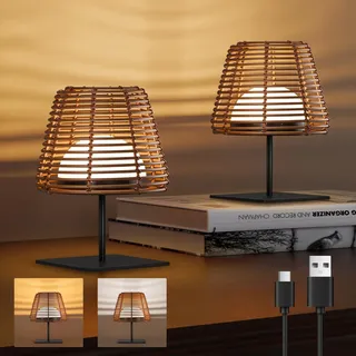 MALUX 2 Stück Tischleuchte Kabellos Dimmbar, Rattan aus Bambus und Holz, Modern LED Tischlampe mit Ladefunktion USB,LED Tischlampe Kabellos Akku Aufladbar, Dekorative Nature Tischleuchte