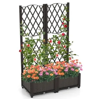 FANTASK Blumenkasten mit Rankgitter, Pflanzkasten für Kletterpflanzen, Hochbeet mit Spalier mit Selbstbewässerung (80 x 40 x 122 cm), Braun