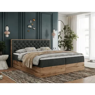 MKS Meble Boxspringbett, Deko, Doppelbett, Polsterbett mit Bettkästen und Multipocket-Matratze, Eiche Wotan holzrahmen - Albero-3 - 120x200cm - Dunkelgrau Struktur - H3 - Grau