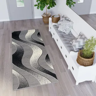 TAPISO Dream Teppich Läufer Flur Brücke Modern Streifen Wellen Streifen Muster in Hellgrau Creme Schwarz Korridor Wohnzimmer ÖKOTEX 100 x 500 cm