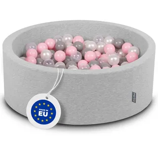 KiddyMoon Bällebad 90X30cm/300 Bälle ∅ 7Cm Bällepool Mit Bunten Bällen Für Mädchen Babys Kinder Rund, Hellgrau:Perle/Grau/Transparent/Rosa