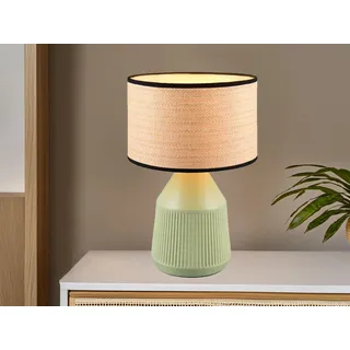 LED Tischlampe mit Keramikfuß Grün & Lampenschirm Papier geflochten, 43cm groß