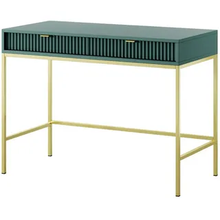 Ravio Schminktisch Kioto 104 cm Grün , Gold – Rillenfront, Goldene Griffe, 2 Schubladen, - Grün, Gold