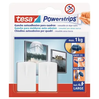 Tesa 58031-00021-01 Powerstrips Aufhänger/Haken | Klebehaken zum Aufhängen von Bildern ohne Bohren - Hält bis zu 1 kg