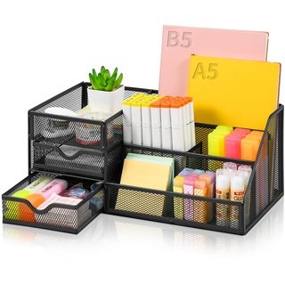 Marbrasse Mesh-Schreibtisch-Organizer mit Schubladen, multifunktionaler Schreibtisch-Organizer und Zubehör mit 6 Fächern + 2 Schubladen, Büro-Desktop-Organisation (Schwarz)