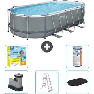 Bestway Oval Power Steel Swimmingpool – 549 x 274 x 122 – Grau – inklusive Pumpe – Leiter – Abdeckung Wartungspaket - Filter