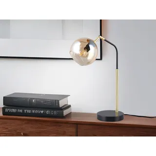 LED Tischlampe mit Metallfuß Schwarz / Gold & Kugel Glasschirm Amber, Höhe 45cm