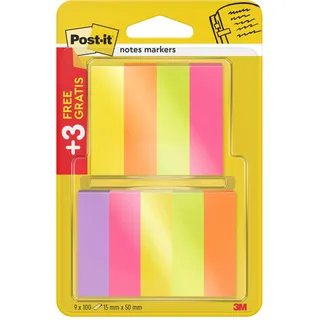 Post-it 670-6+3 Haftstreifen Page Marker, (schmal, 15 x 50 mm) 9 x 100 Blatt, neonpink/-grün/-gelb/-orange/-violett