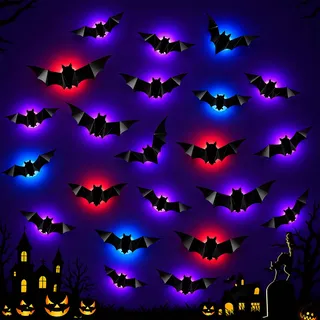 Halloween Deko, 24 Stück LED Fledermaus Deko | Wandaufkleber 3D Halloween Fledermaus Deko Outdoor Indoor Set für Fenster Tür Party, Helloween Dekoration