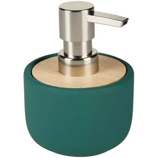 Sadena Seifenspender , Braun, Dunkelgrün , Keramik, Holz , Bambus , Uni , 9.5x12x9.5 cm , Metallpumpe , Badaccessoires, Seifenspender