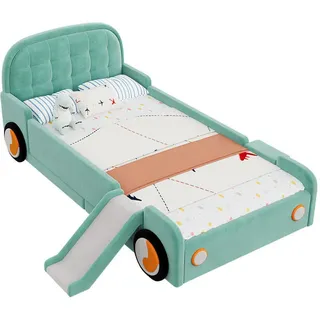 Stilvora Kinderbett 90/200 cm in Blaugrün Samt Autobett mit Rutsche, Treppe und Fallschutz , Blau, Grün , Textil , 90x200 cm , Babymöbel & Kindermöbel, Kinderzimmer & Jugendzimmer, Kinderbetten