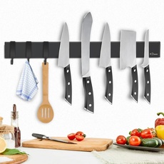 Dmore Magnetleiste Messer mit 3 Haken, 40 cm Messerhalter magnetisch schwarz, extrem selbstklebend Magnet Messerhalter aus Edelstahl, inklusive Klebeband und Schrauben, für Messer und Utensilien