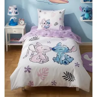 Jerry Fabrics Bettwäsche Disney Stitch, wendbar, 100 % Baumwolle, Bettbezug 140 x 200 cm + Kissenbezug 65 x 65 cm, Weiß