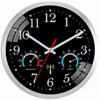 Ziprote Funk Wanduhr, Funkuhr Wand mit Temperaturanzeige und Luftfeuchtigkeit, Moderne Küchenuhr, Leicht zu Lesen, Wanduhr Ohne Tickgeräusche für Schlafzimmer, Büro, Badezimmer (Schwarz)