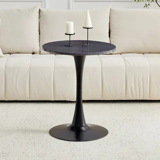 Runder Beistelltisch Ø60cm – kleiner Esstisch aus MDF, schwarze Marmor-Optik, schwarzer Stützfuß, Thermoform-Technologie, perfekt für europäische Wohnräume, Schwarz - Schwarz