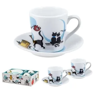 DRW Set mit 2 Tassen mit Porzellantellern für Katzen, Tasse: 6 x 6 x 6 cm