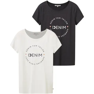 TOM TAILOR Denim Damen 1037233 Slim Fit T-Shirt Mit Logo-Print Im Doppelpack, 10522 - Shale Grey Melange, L EU