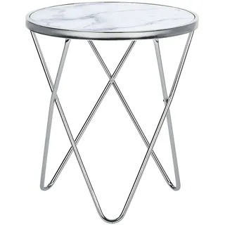 Beliani Beistelltisch Weiß, Silber Sicherheitsglas Metall 50 cm V förmigen Füße Couchtisch Glänzend Marmor Optik Rund Modern - Weiß