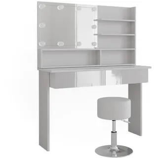 Vicco Schminktisch Azur Weiß 120 cm mit Spiegelregal, Hocker & LED-Beleuchtung, - Weiß