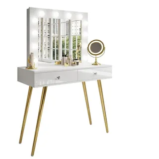 Schminktisch Sienna Gold mit Schubladen auf goldenen Beinen , Goldfarben, Weiß Hochglanz , Holzwerkstoff , 100x81x42 cm , Schlafzimmer, Schminktische