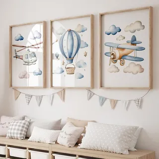 Ueiwffzo 3er Kinderzimmer Poster Set, Kinderbilder Wandbilder Hubschrauber, Heißluftballon & Flugzeug Bilder Set, Premium Leinwandbild Wanddeko Junge & Mädchen Babyzimmer Ohne Rahmen (21x30cm)