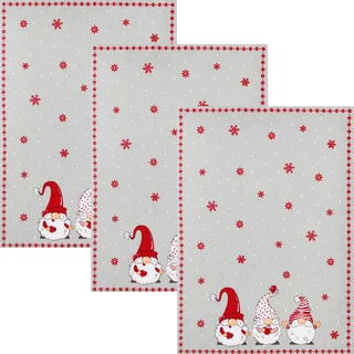 Kracht Geschirrtuch "Winterwichtel" 3er-Pack Halbleinen rot-grau Größe 50x70 cm