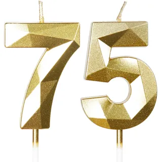 Yiran Gold 75. Geburtstagskerzen, 75. Geburtstagsdekorationen für Frauen und Männlich, 3D-Zahl-75-Kerze für Kuchen, Goldene Kuchendekorationen für Geburtstagsfeiern und Hochzeiten Zubehör