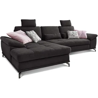 Cavadore L-Form-Sofa Castiel mit Federkern / Großes Schlafsofa in L-Form mit Bettkasten, Sitztiefenverstellung, Kopfstützen und XL-Longchair / 312 x 114 x 173 / Webstoff, Schwarz