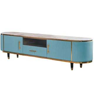 KAWOLA Lowboard MARIA TV-Bank Marmorplatte Kunstleder hellblau