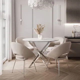 lookway Runder Tisch BEIRA II, 90 cm, Platte aus Keramik Chrom / Calacatta ohne Stühle