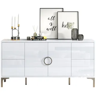 Modfu Sideboard aus MDF 150x38x59,5 cm Weiß mit 4 Schubladen, 2 Türen und Hochglanzoberfläche , Holzwerkstoff , 150x59.5x38 cm , Kleinmöbel, Kommoden, Sideboards