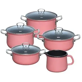 Riess, 0584-114, Familien-Set 5tlg., PINK, Emaille, Made in Österreich, LBH: 48,5x39,0x28,5cm, 7,740kg, Kanne mit Henkel, Deckel, Induktionskocher kompatibel, Gasherd geeignet, Elektroherd geeignet