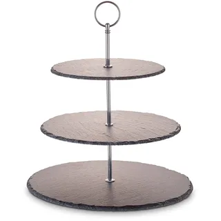 Echtwerk Etagere-/ Servier-Ablage für Gebäck, Obst, Käse und Dessert aus Naturschiefer mit 3 Ebenen und Metallgriff, Silber-Edition, Ø Schieferplatten ca. 20/25/ 30 cm