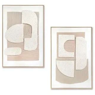DRW Abstraktes Leinwandbild mit natürlichem Holzrahmen in Natur, Weiß und Beige, 92 x 62 x 4,5 cm